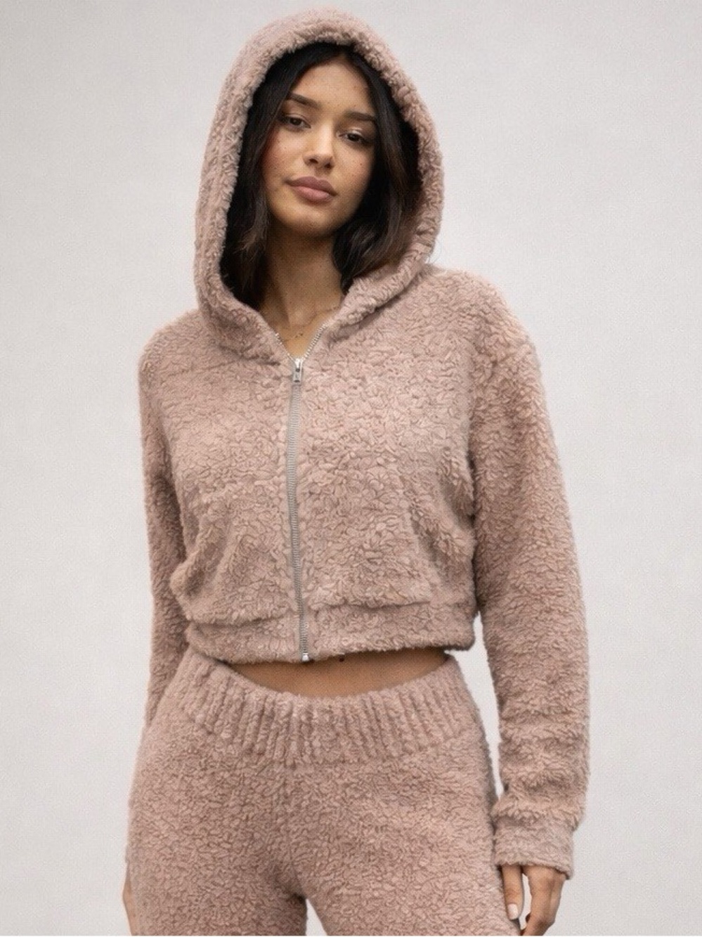 SKIMS Plush Hooded Zip Crop Sweater & Shorts SET - Mauve